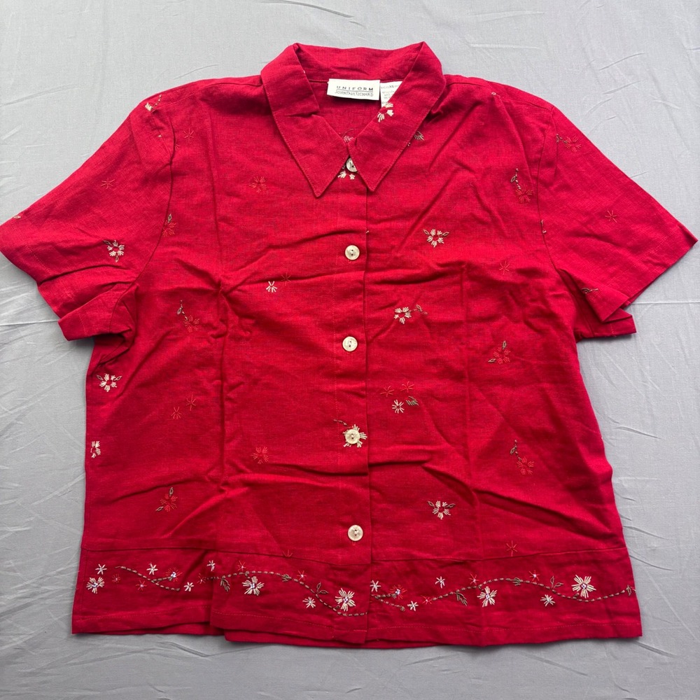 Uniform John Paul Richard Red Linen Blend Floral Embroidered Button Up Shirt XL